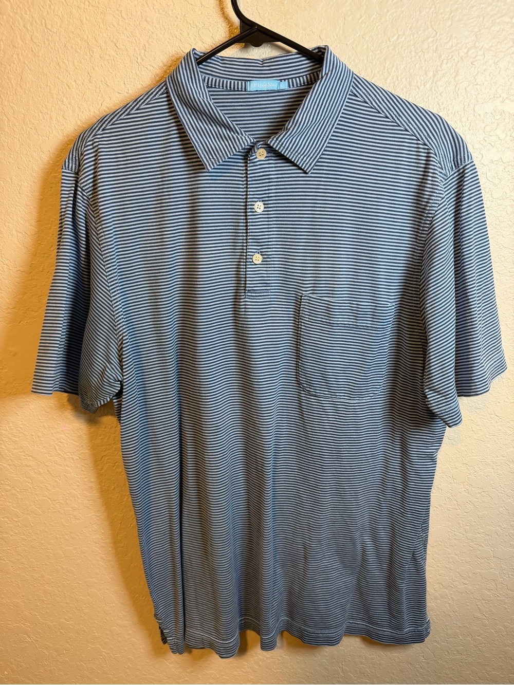 J. McLaughlin Blue and White Thin-Striped Polo with Chest Pocket